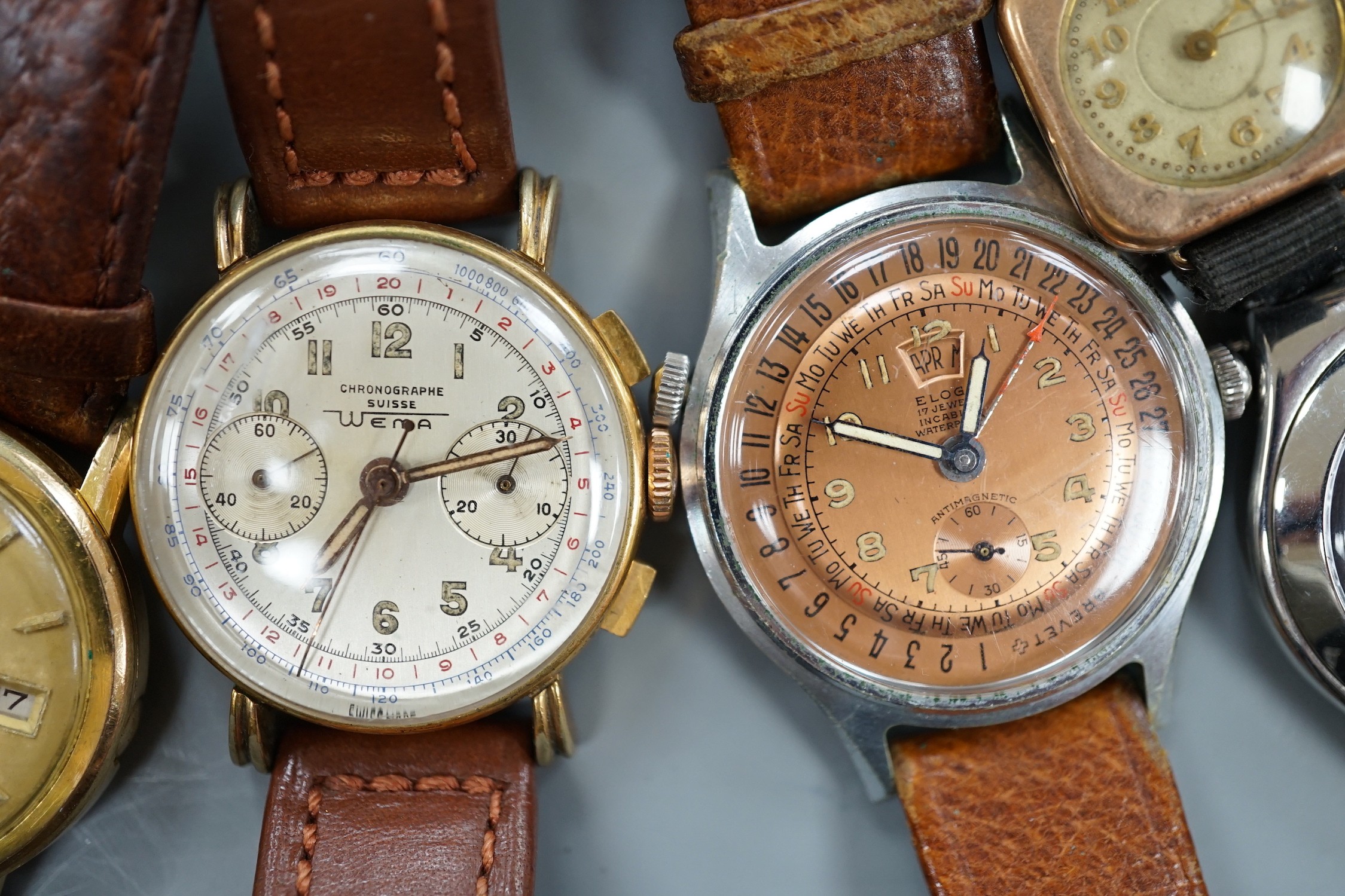 Five gentleman's assorted 1950's and later steel or steel and gold plated wrist watches including Smiths and Bucherer and a lady's 9ct gold wrist watch.